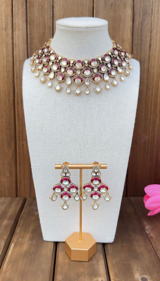 Red Uncut Polki Necklace Set