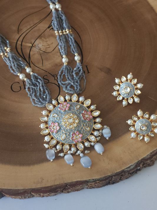Meenakari Pearl Necklace with studs - Grey