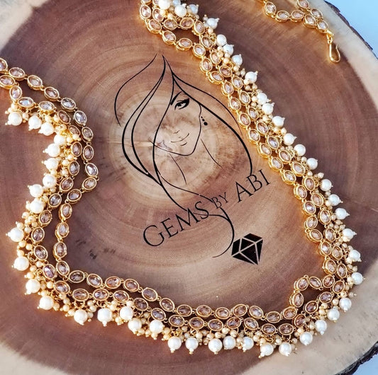 Double Line polki waistchain with hanging pearls