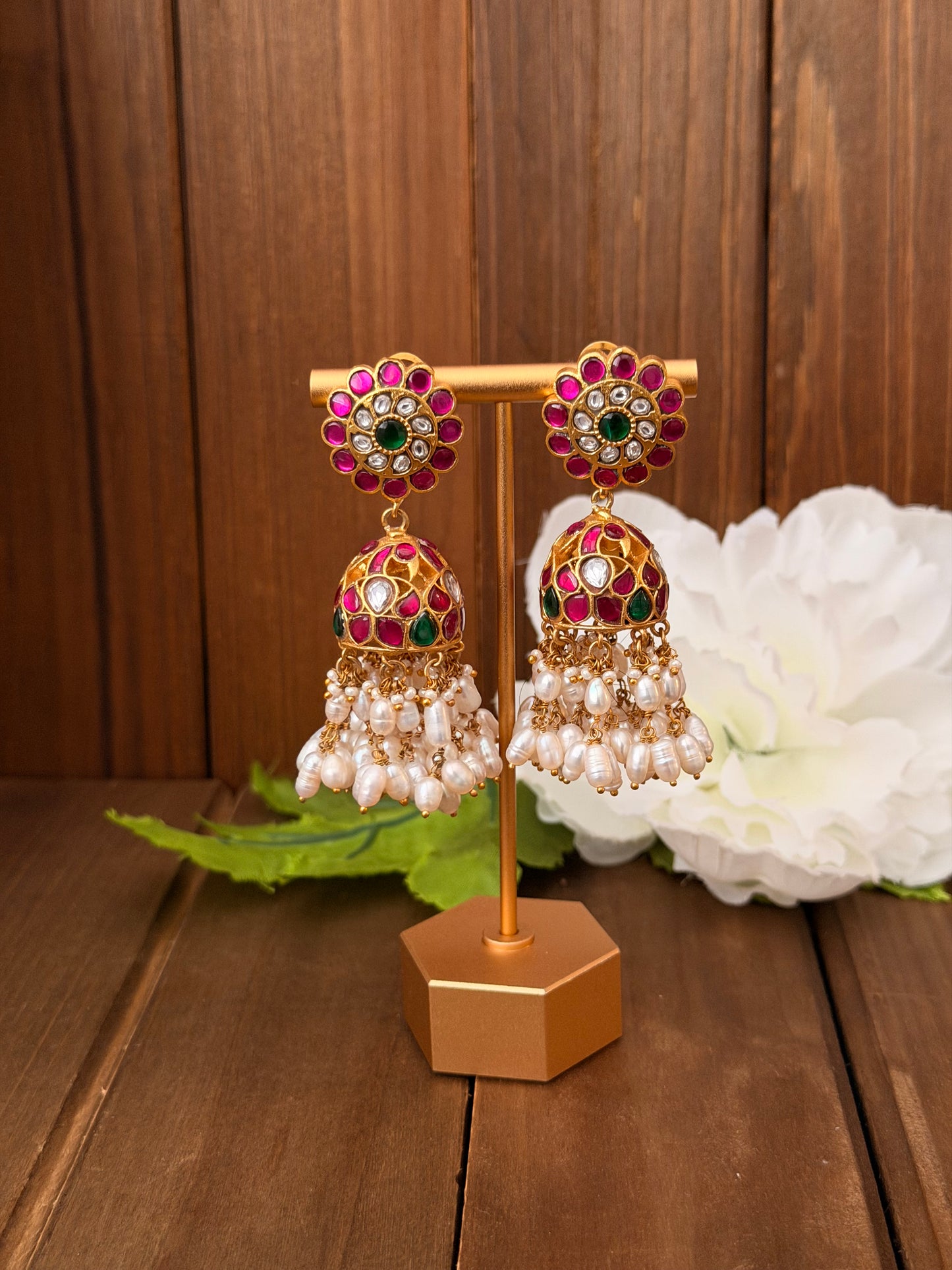 Jadau jumki with rice pearls