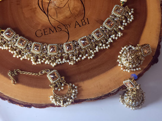 Polki necklace set with small cluster pearls