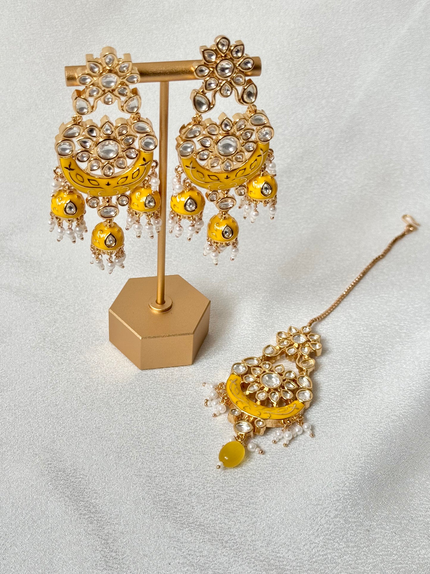 Enamel Chandhbali Earrings with Tikka